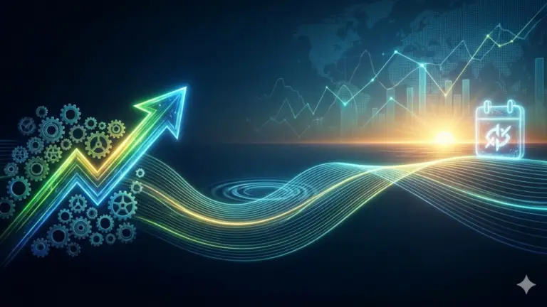 Ilustração digital em tons de azul e verde mostrando uma seta ascendente formada por linhas luminosas e engrenagens, simbolizando crescimento e automação, com gráficos de linha ao fundo, mapa-múndi sutil e um ícone de calendário à direita iluminado pelo nascer do sol, representando evolução, desempenho e planejamento ao longo do tempo.