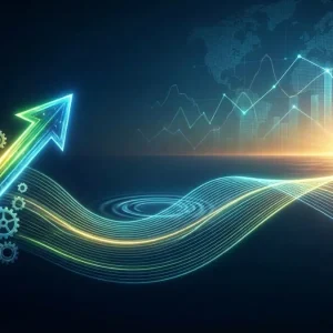 Ilustração digital em tons de azul e verde mostrando uma seta ascendente formada por linhas luminosas e engrenagens, simbolizando crescimento e automação, com gráficos de linha ao fundo, mapa-múndi sutil e um ícone de calendário à direita iluminado pelo nascer do sol, representando evolução, desempenho e planejamento ao longo do tempo.